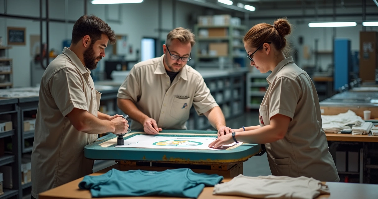 Equipe de serigrafia operando painel de cura rápida 