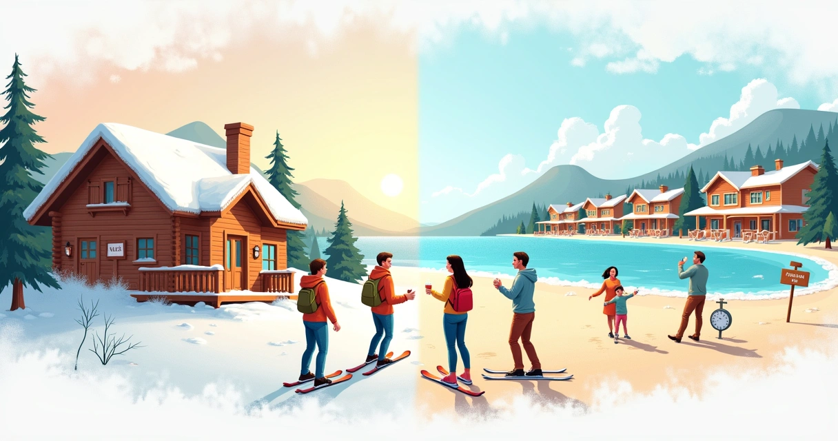 Cenário de time sharing e multipropriedade com cabine e resort, mostrando famílias compartilhando férias.
