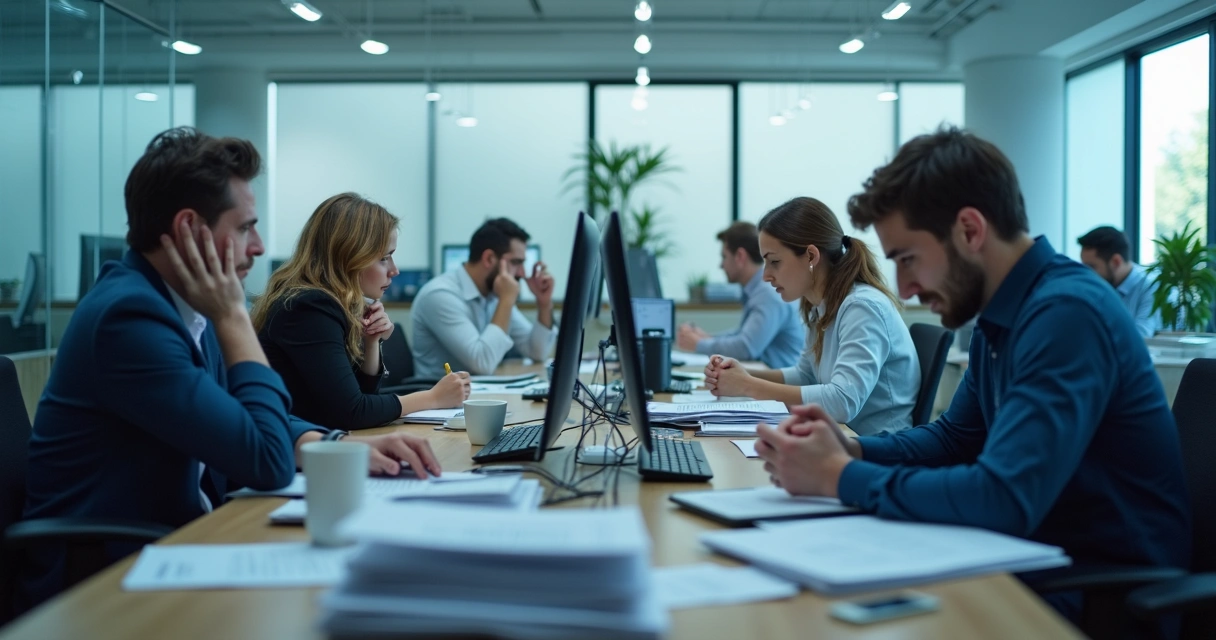 Trabalhadores sobrecarregados em um ambiente de escritório, mostrando desgaste e papéis acumulados 