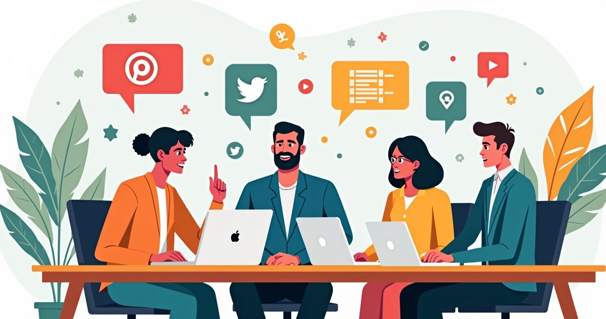 Equipe social media trabalhando em conjunto em laptops na criação de conteúdo 