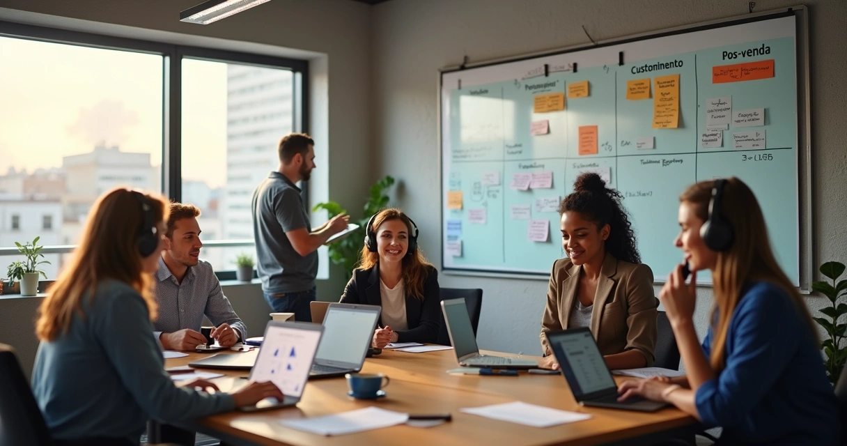 Time de vendas de PME trabalhando em mesas separadas por funil e pós-venda 