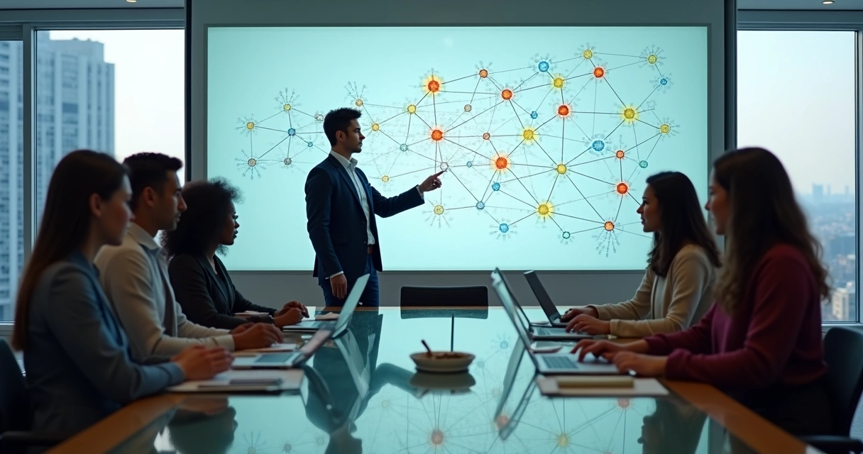 Equipe de startup em reunião estratégica visualizando conexões sistêmicas em tela grande 