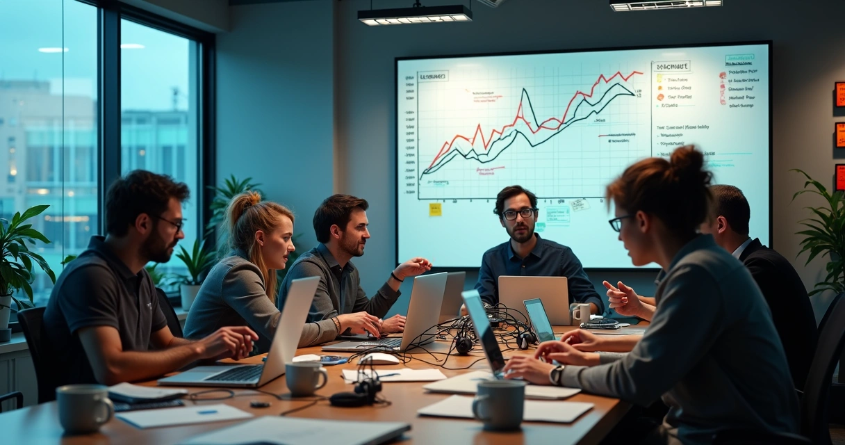 Equipe de startup em escritório lotado com gráfica de crescimento caótico ao fundo 
