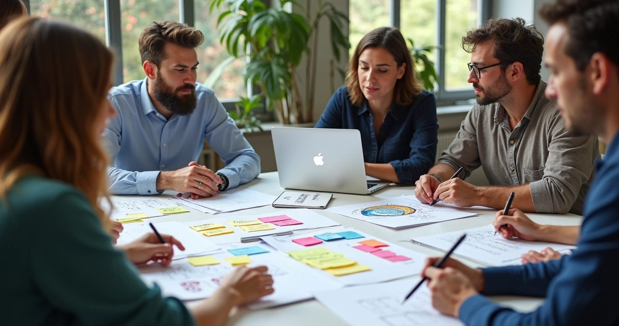 Equipe de startup reunida com papéis de design e brainstorm