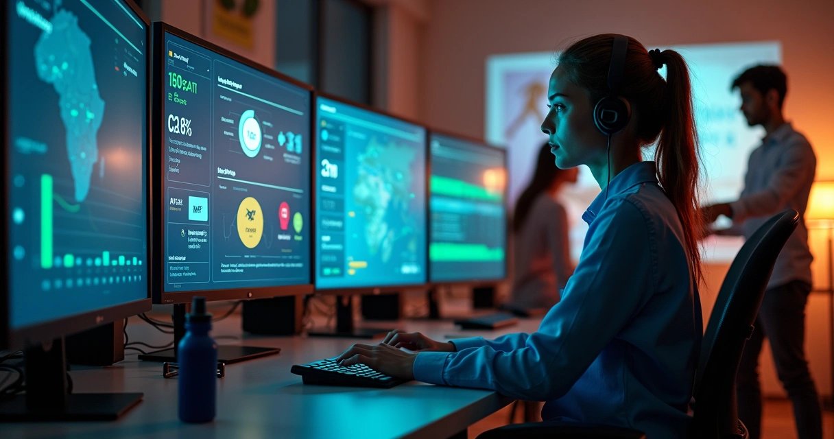 Equipe de suporte olhando dashboard com IA e métricas de satisfação 