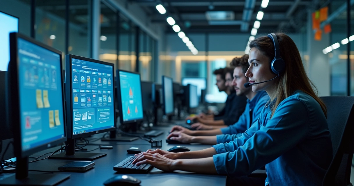 Equipe de suporte em tecnologia trabalhando em operações TOTVS