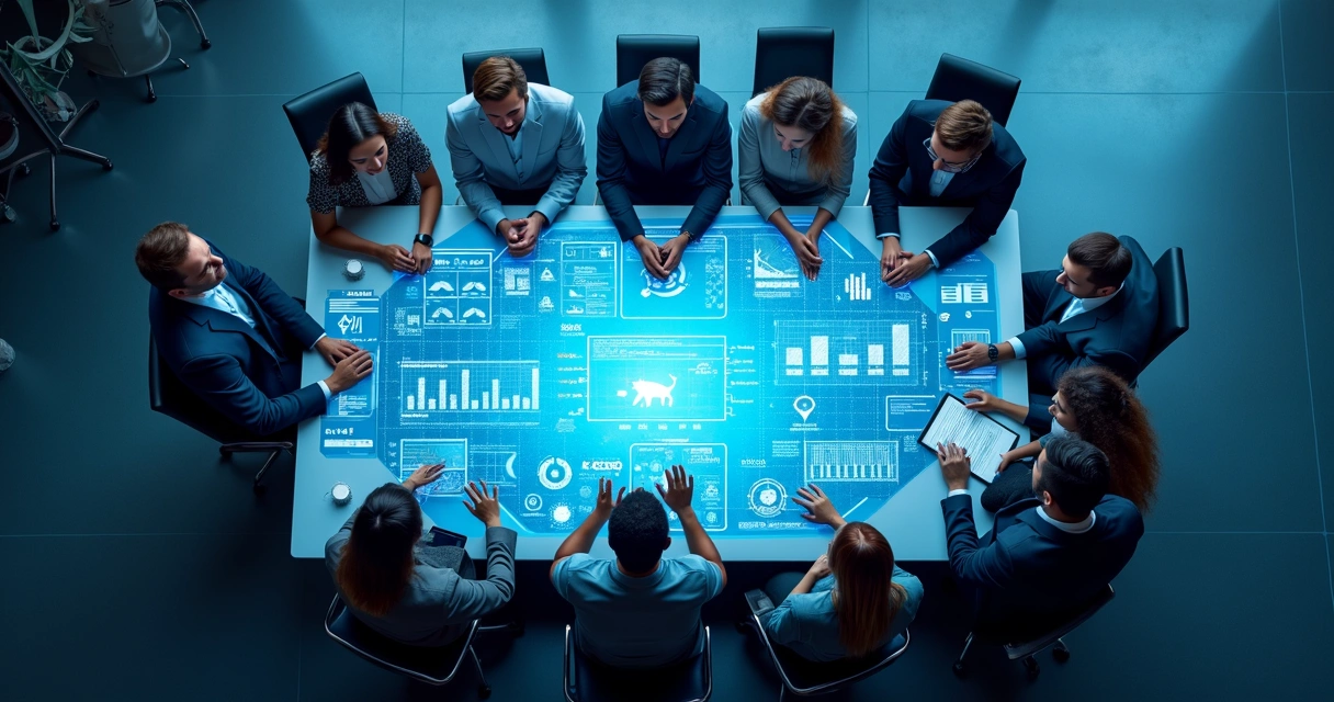 Profissionais analisando gráficos digitais em mesa digital