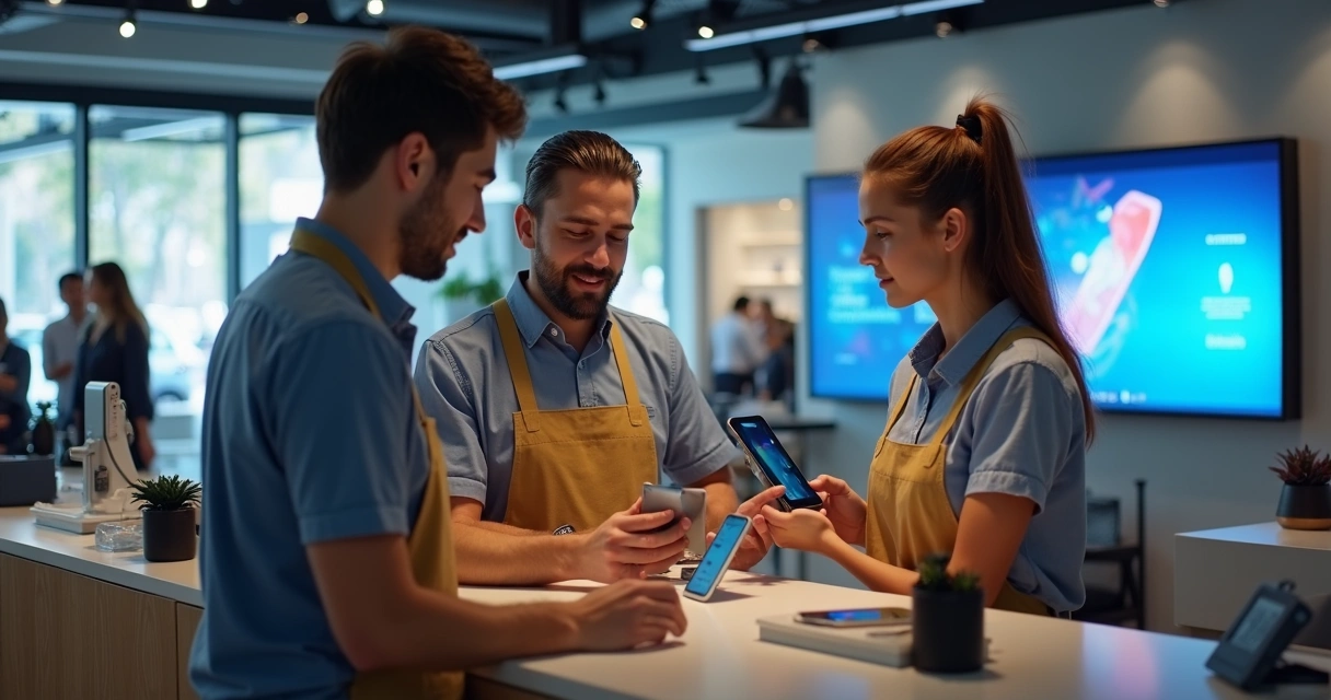 Equipe da loja discutindo atendimento com tablets em mãos