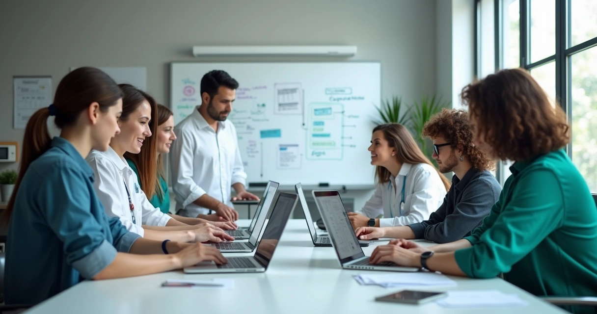 Equipe de tecnologia discutindo na clínica odontológica