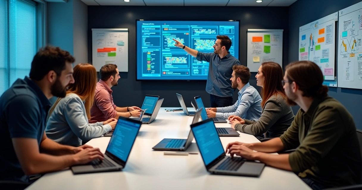 Equipe de tecnologia reunida desenvolvendo software sob demanda