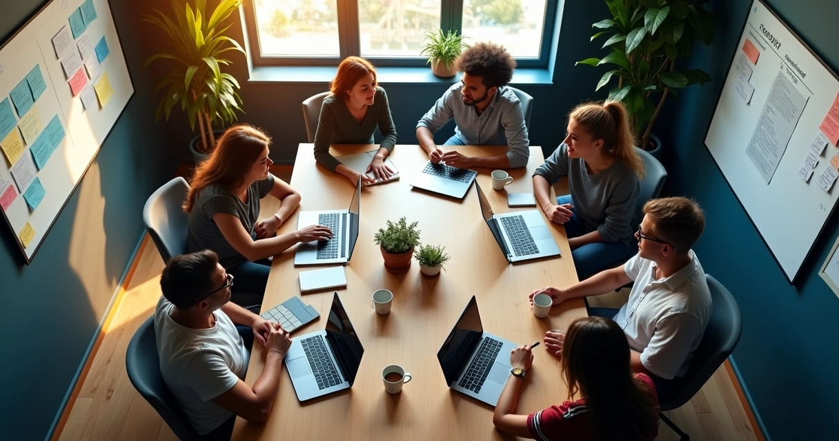 Equipe de desenvolvimento discutindo em volta de uma mesa cheia de laptops e anotações 
