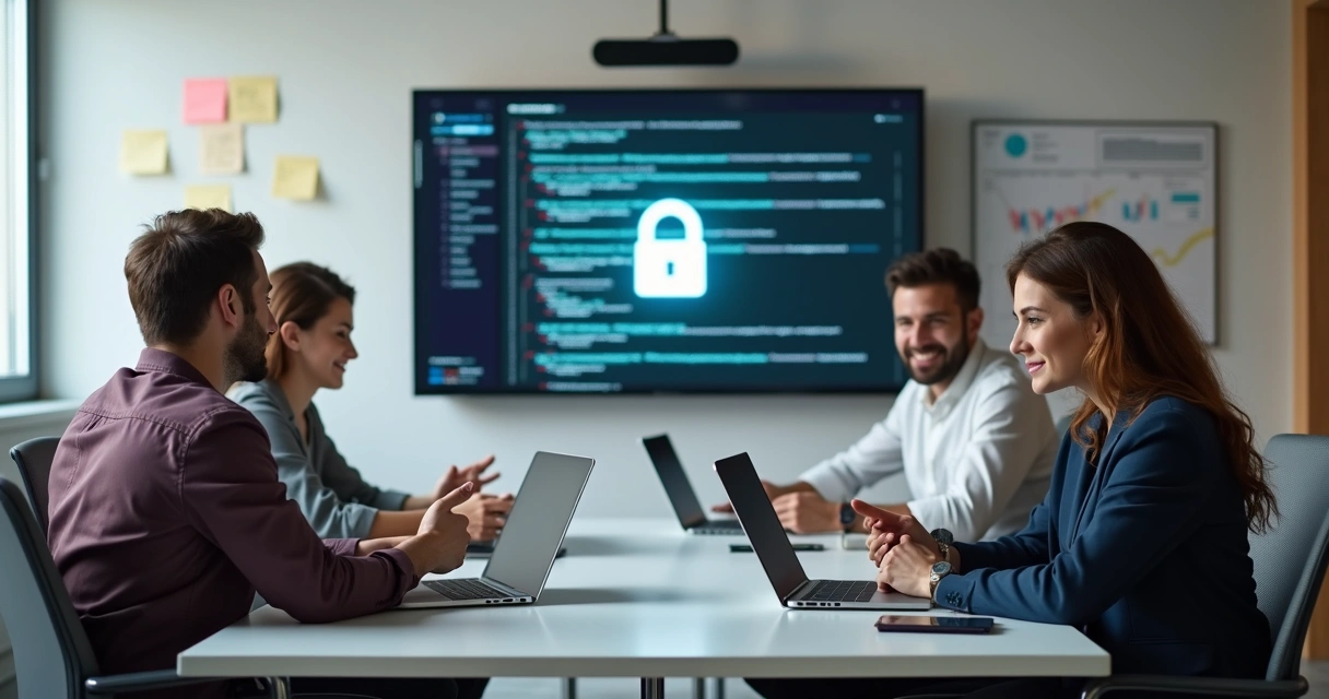Equipe de tecnologia fintech reunida em sala de reuniões, discutindo proteção de dados 