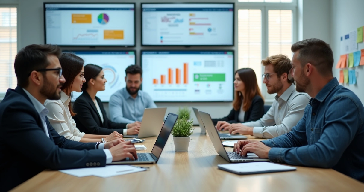 Equipe de tecnologia em reunião com computadores e telas grandes ao redor 