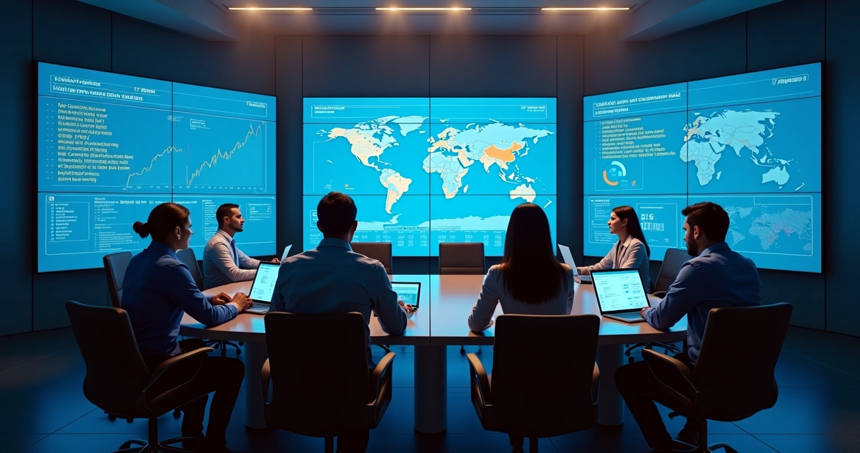 Equipe reunida com telas mostrando gráficos de monitoramento 