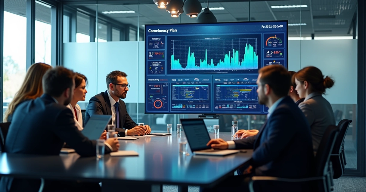 Equipe de TI analisando painel de monitoramento de backup em sala de reuniões 