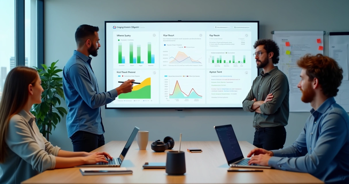 Equipe de tecnologia reunida em frente a painel digital com OKRs e gráficos de progresso 