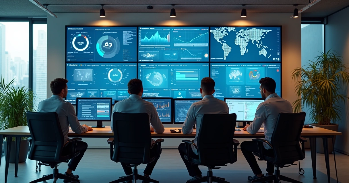 Equipe de tecnologia analisando dashboard em escritório moderno 