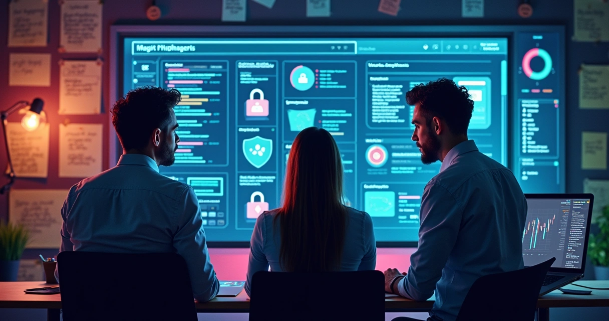 Equipe de tecnologia reunida em monitor com interface de segurança 