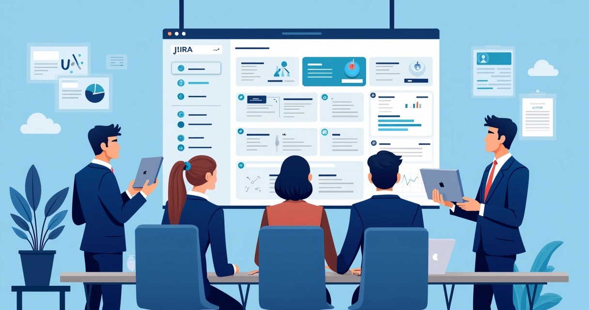 Colaboradores de TI acompanhando sprints do Jira em tela grande 