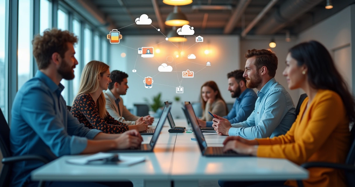 Equipe multidisciplinar reunida com computadores e celulares modernos 