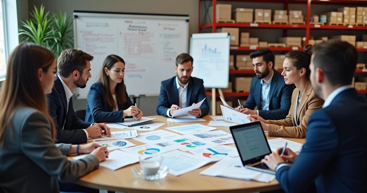 Equipe de consultoria reunida analisando controle de estoque 
