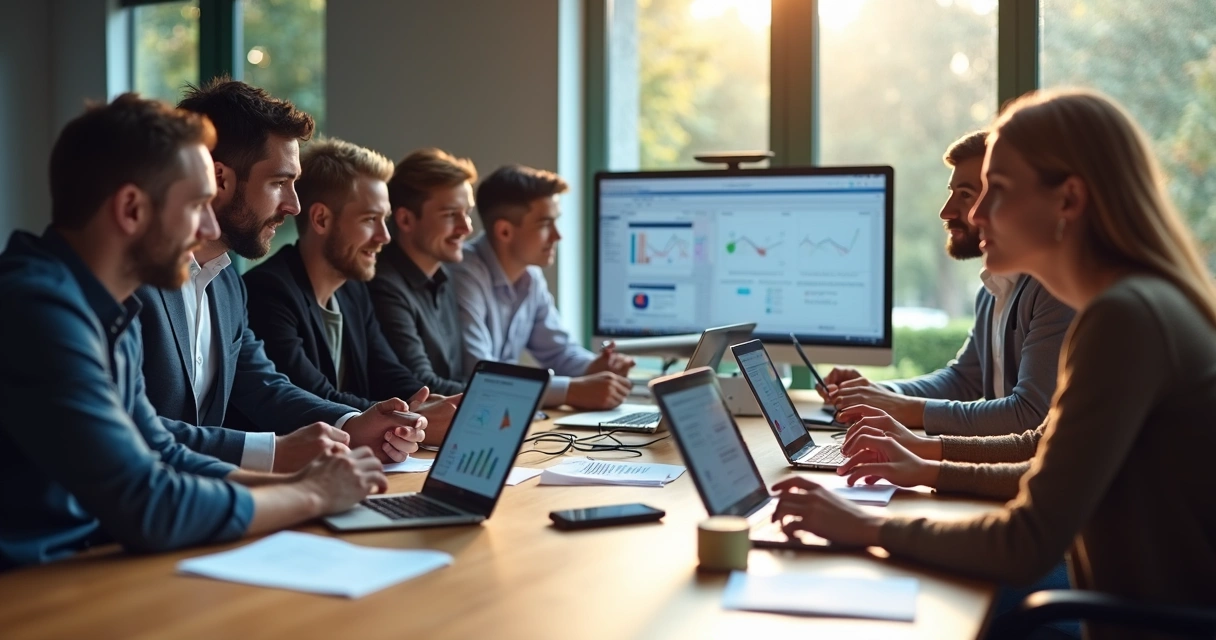 Equipe de desenvolvedores avaliando códigos com painéis detalhados 