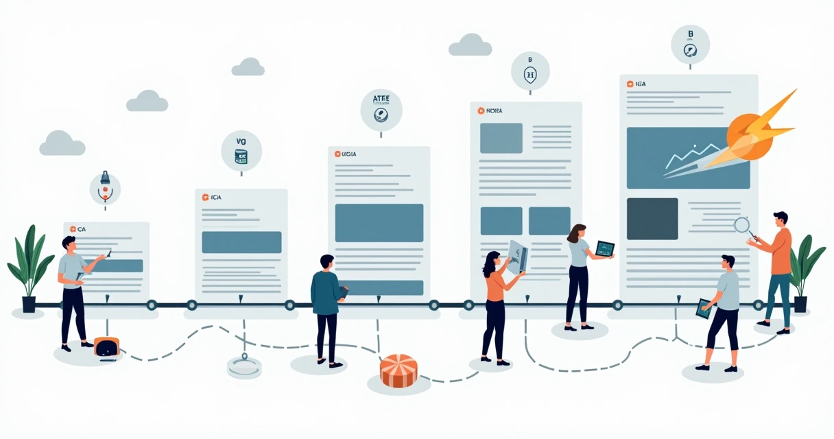 Equipe digital ajustando blocos de landing page em linha do tempo de testes iterativos 