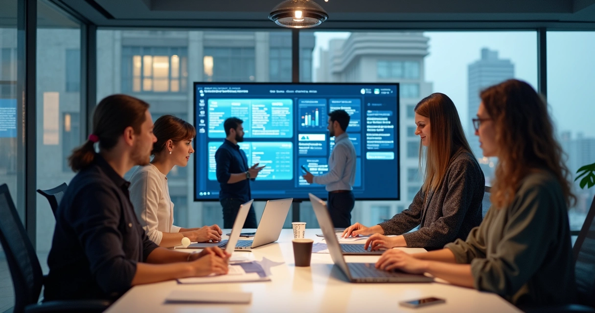 Equipe empresarial avaliando painel de software no escritório