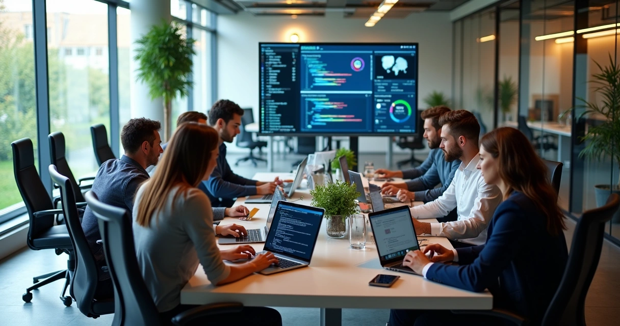 Equipe de profissionais de TI colaborando em um escritório moderno com múltiplas telas e dispositivos tecnológicos 