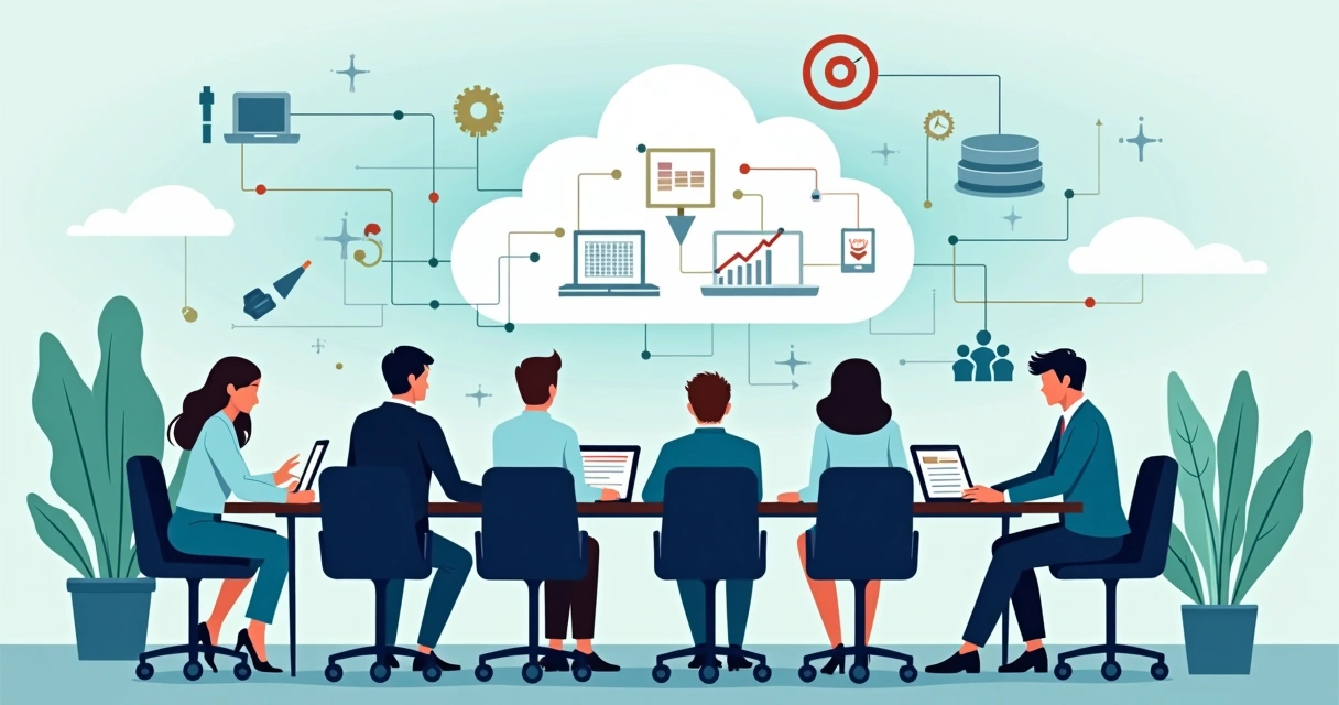 Equipe de TI e executivos colaborando em integração na nuvem