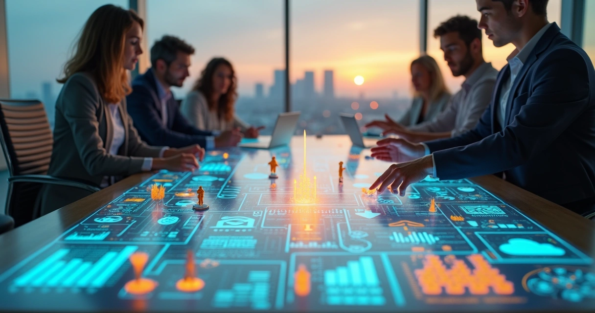 Equipe de TI e negócio reunida em sala moderna com mesa em formato de tabuleiro estratégico 