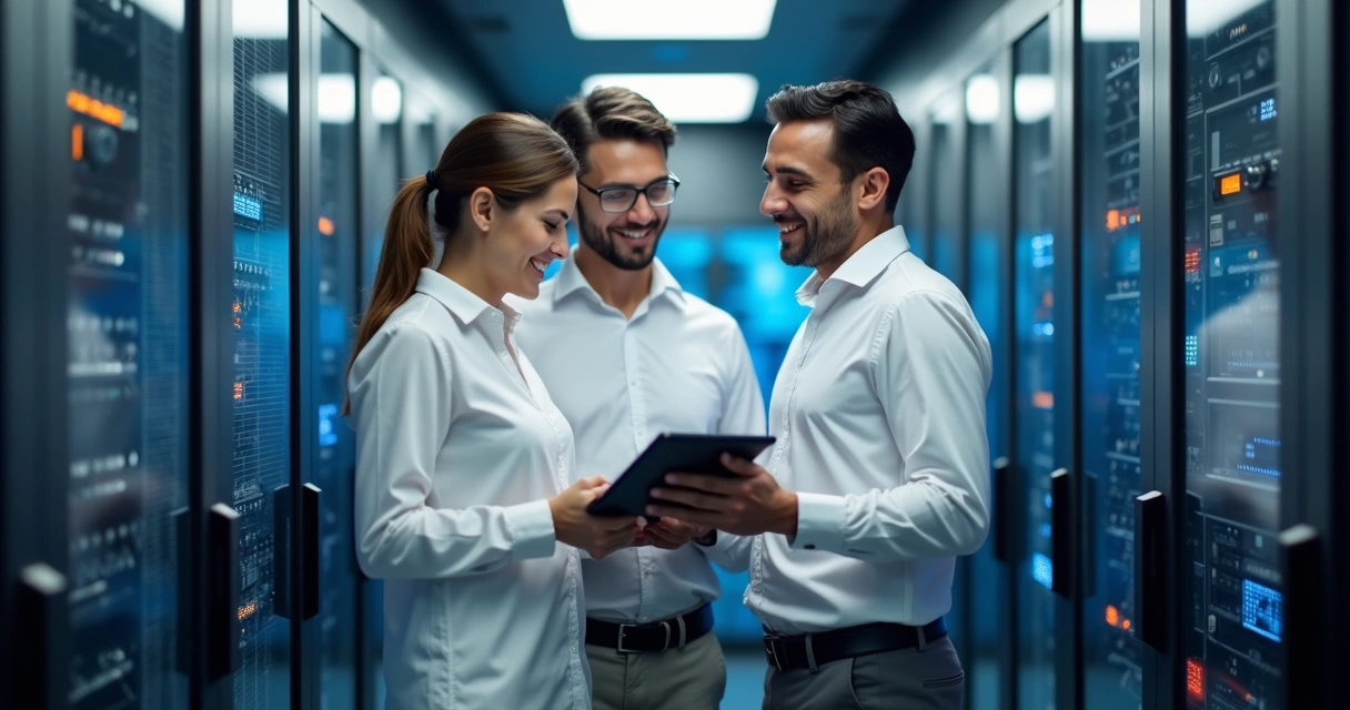 Equipe de TI satisfeita trabalhando em sala de servidores