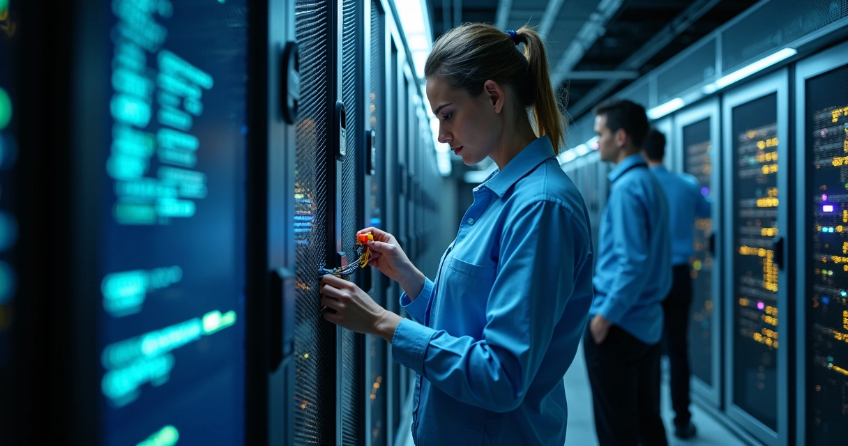 Equipe de TI ajustando cabos e conexões em um datacenter 