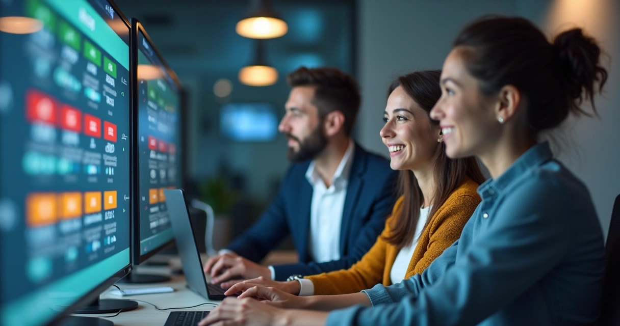 Equipe de TI organizada em frente a um painel de tickets