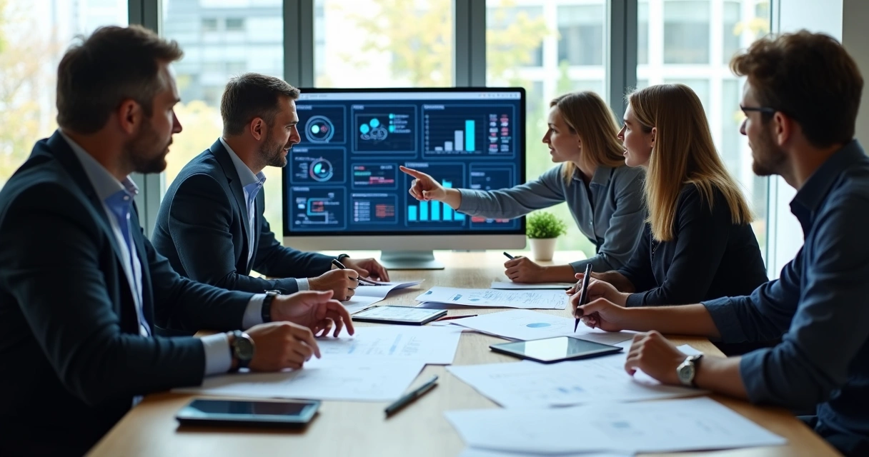 Equipe de TI reunida analisando relatórios e gráficos de IA 