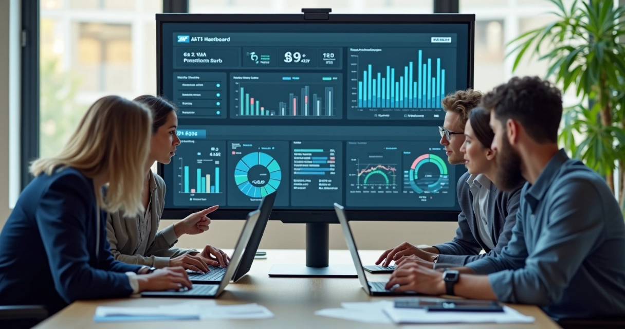 Equipe de TI em reunião analisando SAP HANA