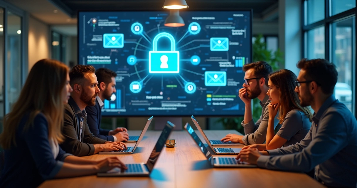 Equipe de TI reunida em reunião de segurança