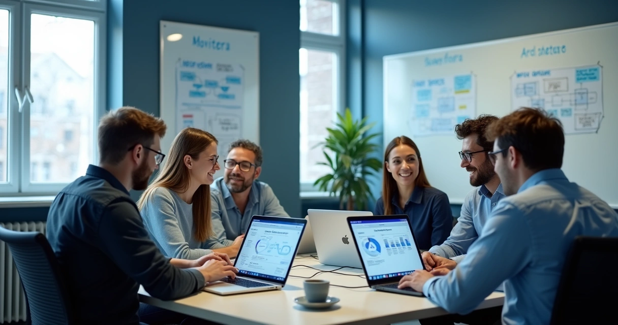 Equipe de TI reunida em mesa de trabalho usando computadores e plataforma Movitera aberta 