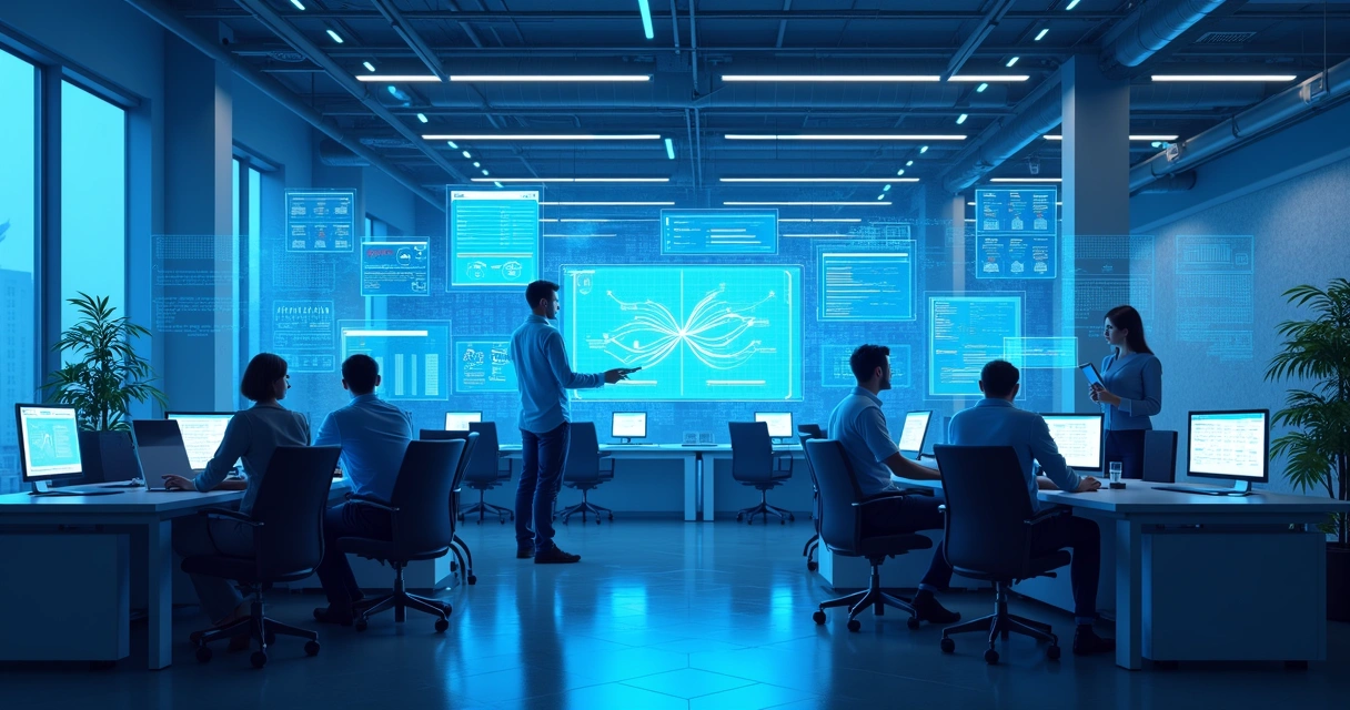 Equipe de TI analisando painéis de controle em ambiente moderno 