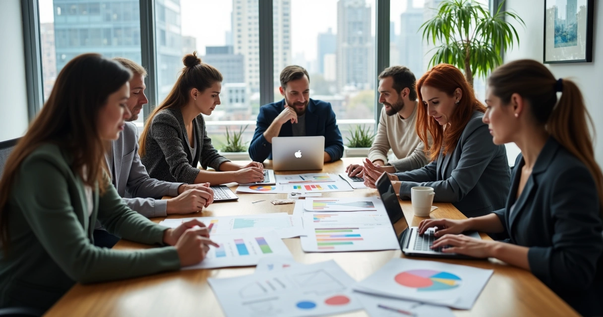 Equipe de marketing e design reunida ao redor de uma mesa com laptops, discutindo identidade visual de SaaS