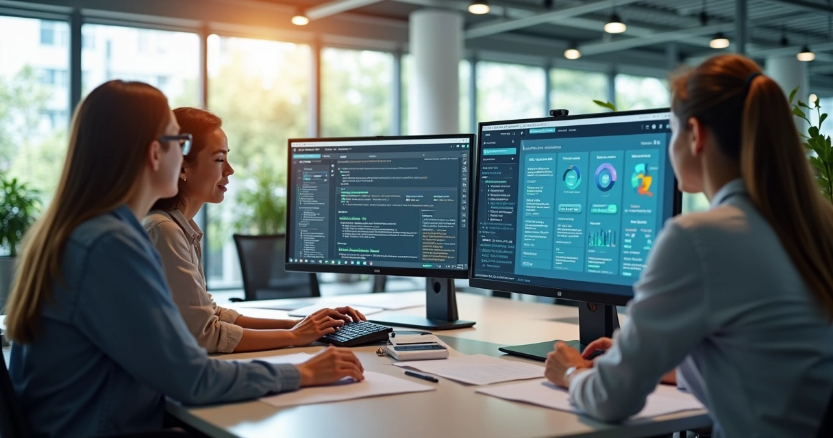 Equipe de escritório operando software de automação em ambiente moderno 