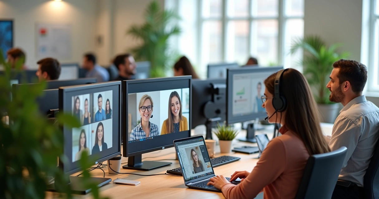 Equipe reunida trabalhando em laptops e participando de conferência virtual 