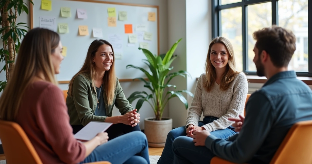 Equipe mista sentada em círculo, conversando e colaborando em ambiente de trabalho moderno e claro