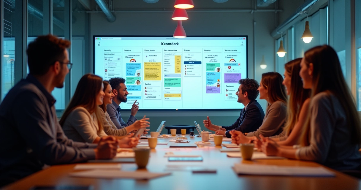 Equipe reunida ao redor de quadro Kanban digital colorido, discutindo tarefas 