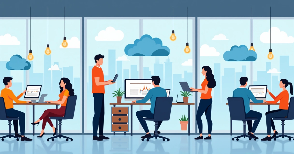 Equipe de trabalho usando softwares em nuvem na tela de notebooks