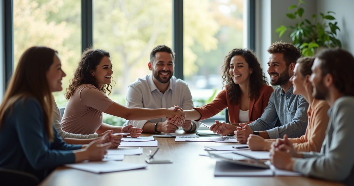 Equipe de trabalho reunida e sorrindo