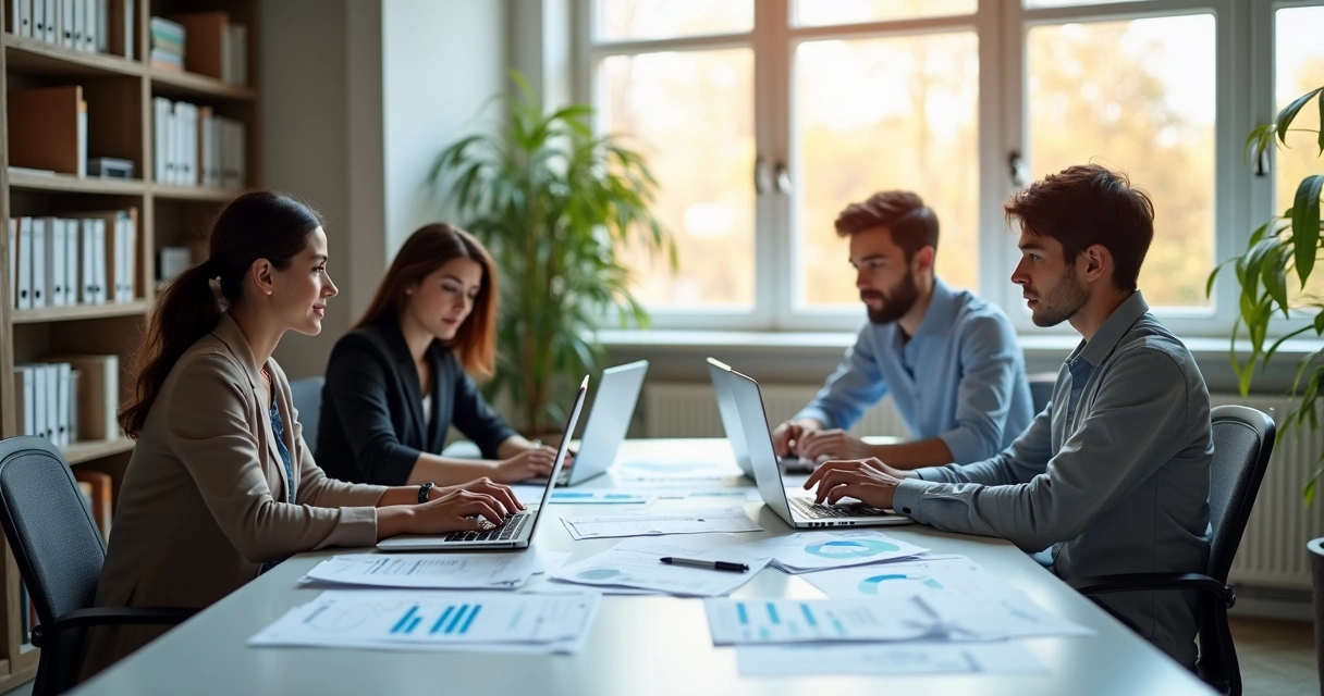 Equipe de trabalho enxuta analisando documentos e gráficos em escritório moderno 