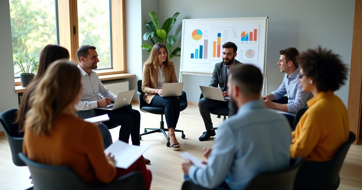 Grupo de pessoas em reunião de trabalho interagindo em círculo, discutindo ideias. 