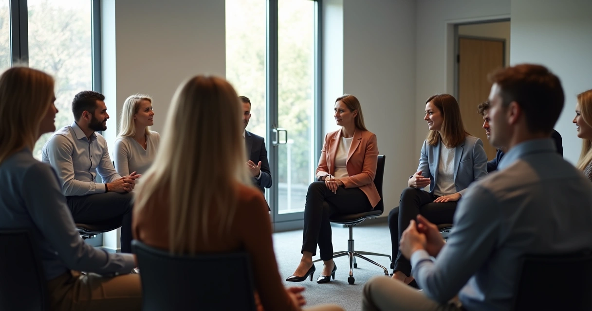 Equipe reunida em círculo, olhos atentos, ouvindo com atenção 