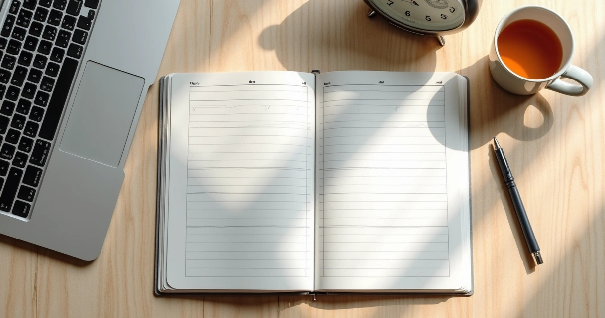 Open journal with time blocks beside a clock and laptop on a desk 
